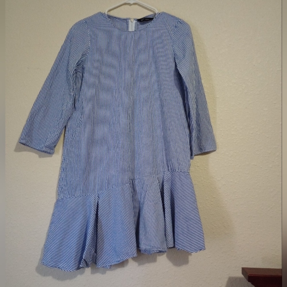 Zara Blue & White Stripe Asymmetrical Midi Dress
